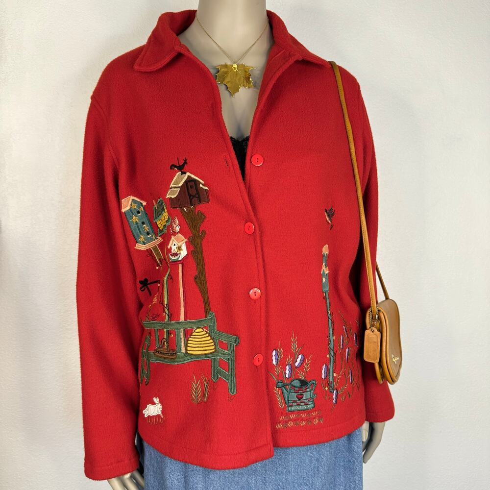 Y2K 90s Embroidered Fleece Cardigan Button Front Birds Novelty XL Cottagecore